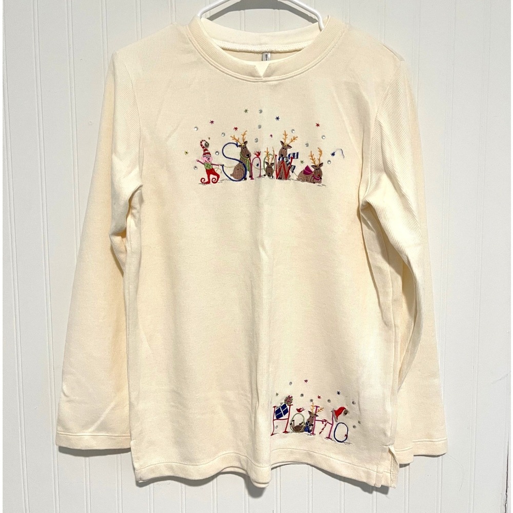 White Stag Ribbed Top Women S Ivory  Christmas Reindeer Embroidery SNOW HO